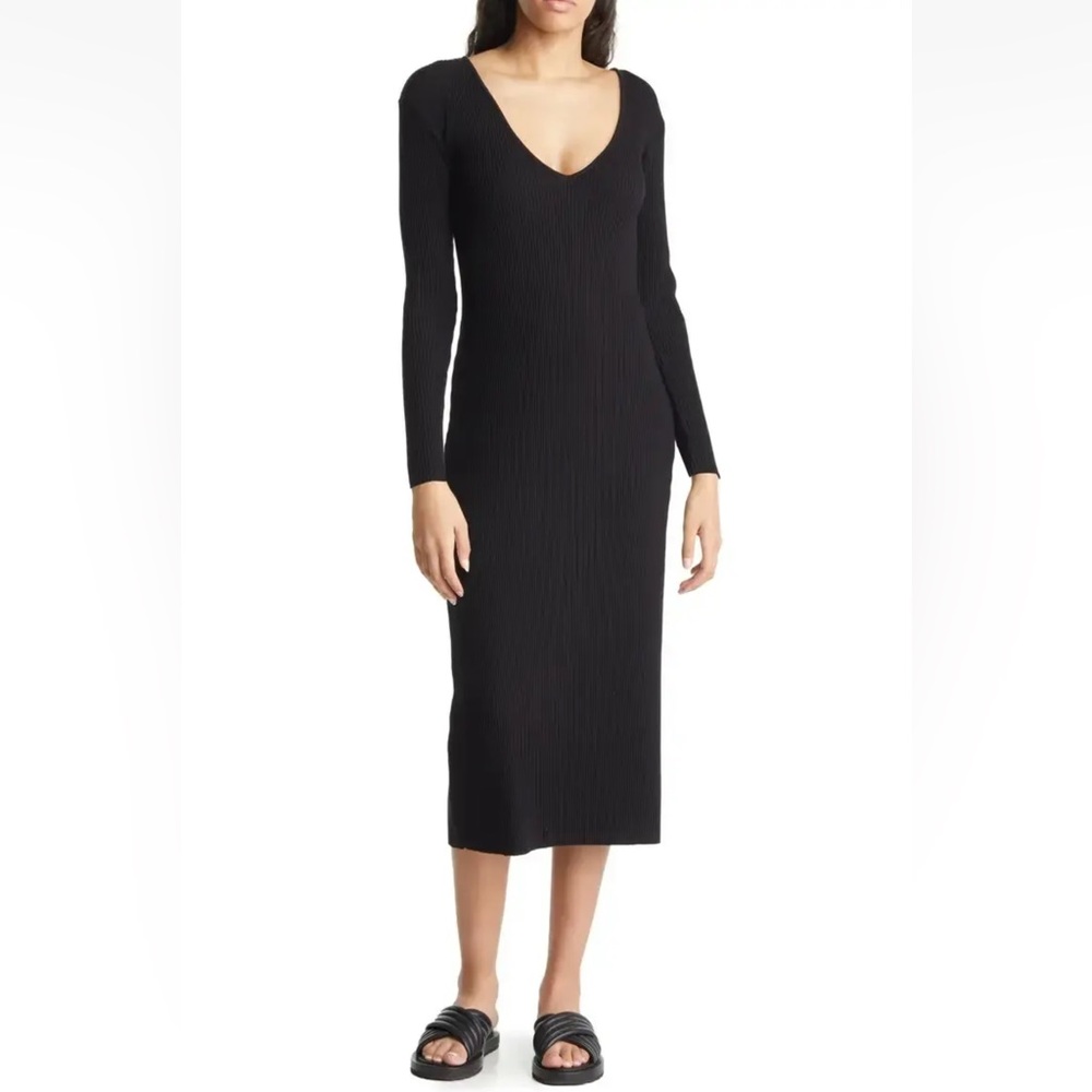 SOLD VINCE Black Ribbed Knit Long Sleeve V Neck Midi Dress XXS XS 0 2